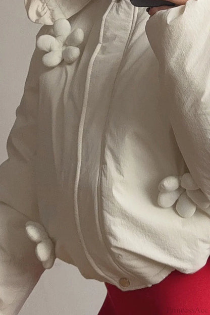 Puffer Hooded Flower Trim Casual Coat