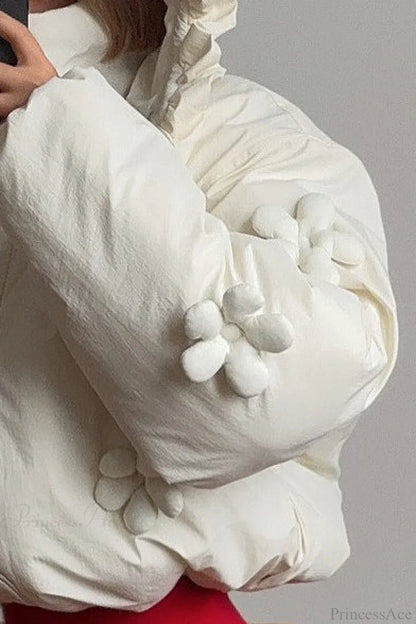 Puffer Hooded Flower Trim Casual Coat