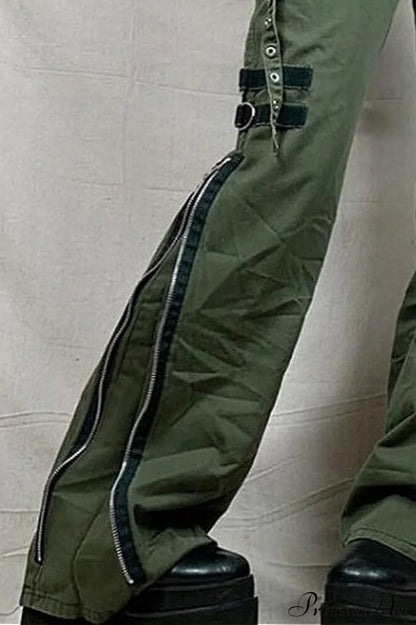 Punk Flared Low Waist Zipper Split Cargo Pants