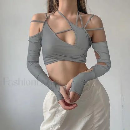 Punk Y2K Gothic Slim Fit Hollow Out Long Sleeve T-shirt Crop Top