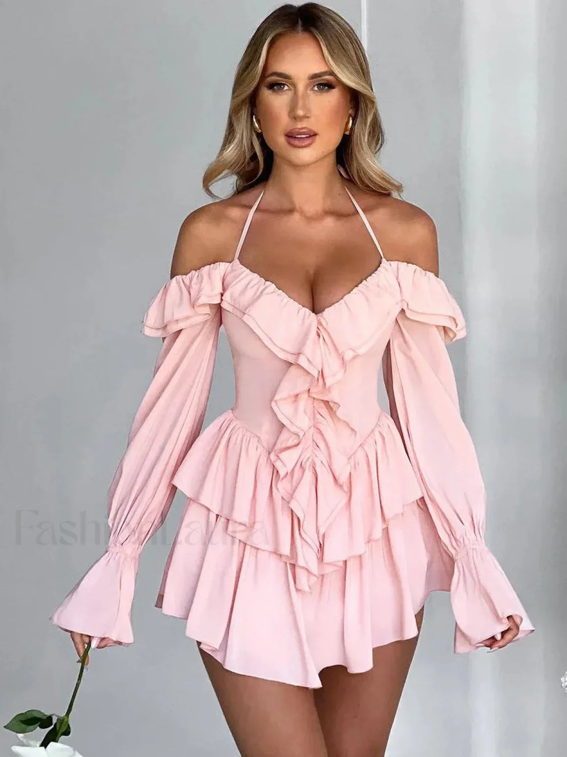 Pure Color Flare Sleeve Mini Dress