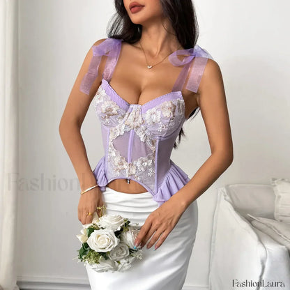 Purple Embroidery Sling Crop Top