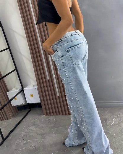 Embellished Wide-Leg Loose-Fitting Jeans (Pre-sale)