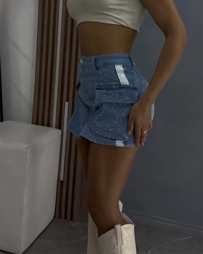 Diamond-Studded Slim-Fit Denim Culottes (Pre-Sale)