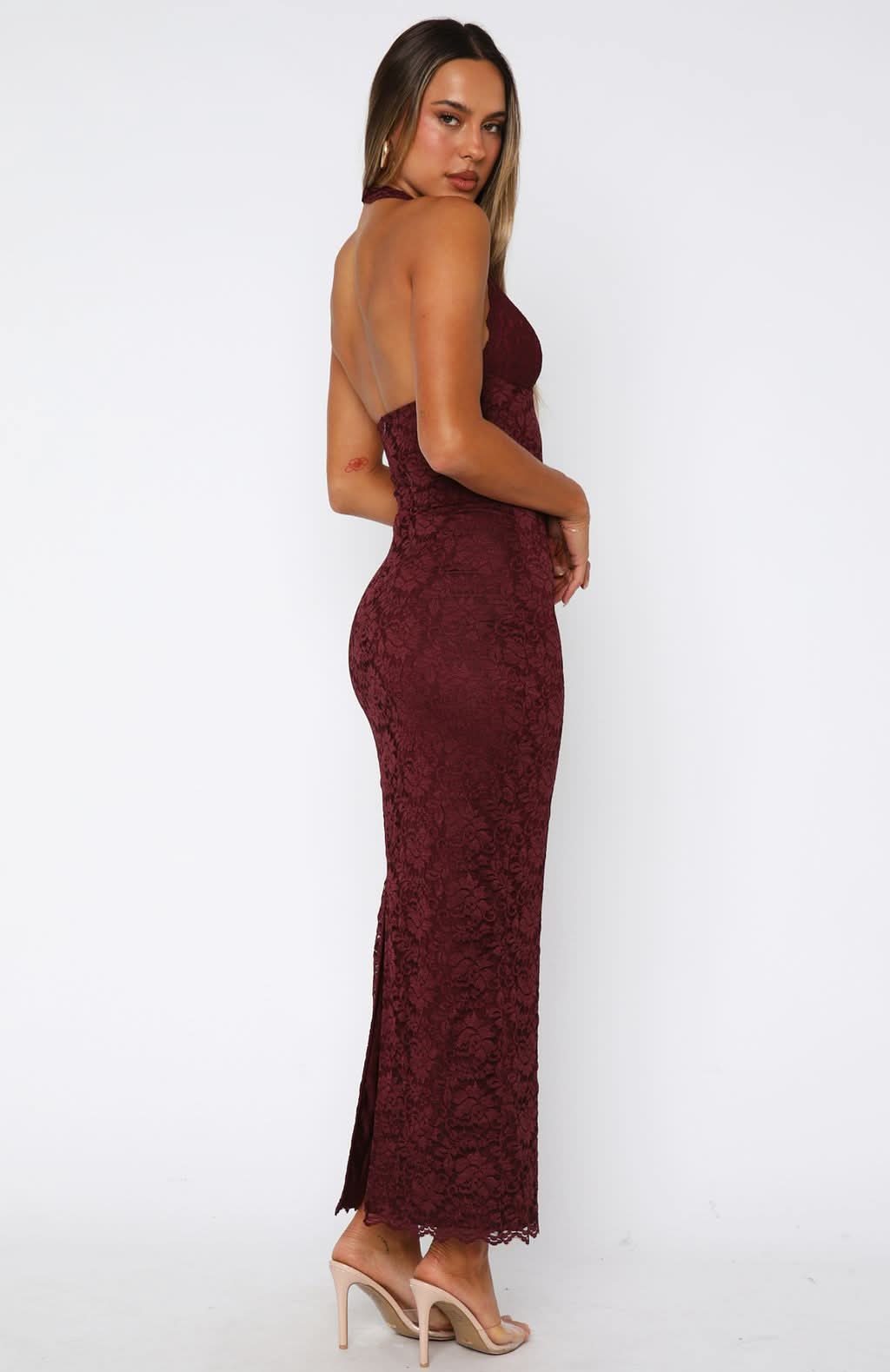 Floral Lace Halter Neck Deep V Scalloped Hem Maxi Dress