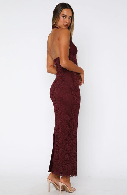 Floral Lace Halter Neck Deep V Scalloped Hem Maxi Dress