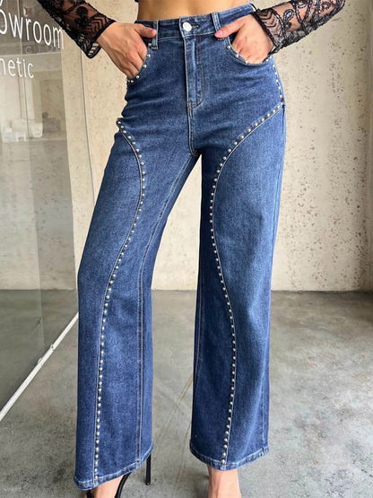 Studded Straight Leg Jeans For Women - Medium Wash Retro Rivet Detail Wide Leg Denim - Spring Night Out Fashion 2026