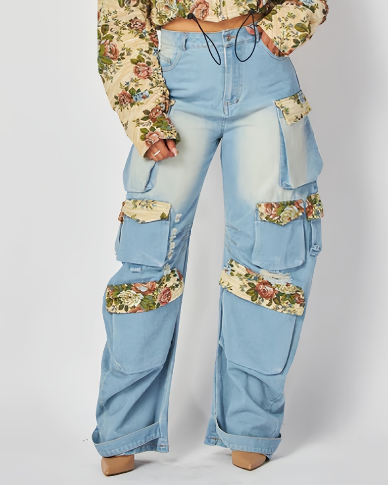 Floral Denim Overalls Suit