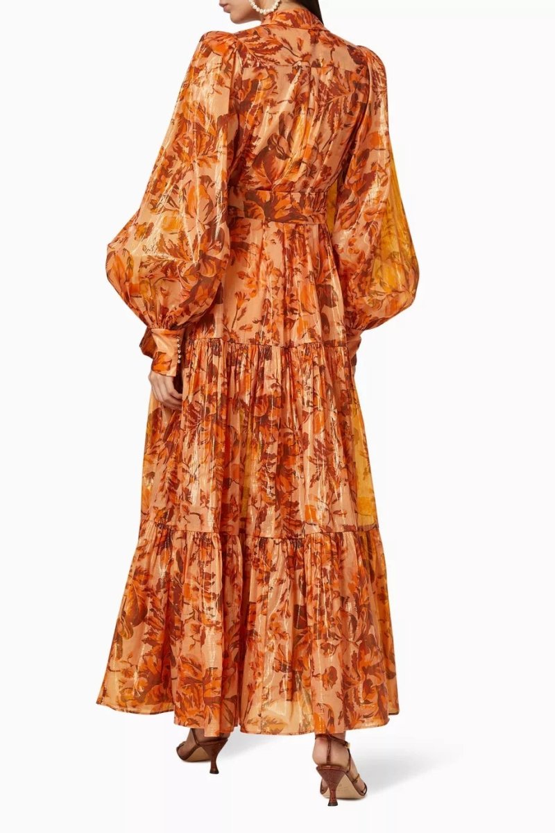 Queena Printed Balloon Sleeve Maxi Dress