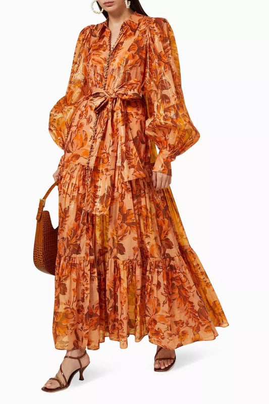 Queena Printed Balloon Sleeve Maxi Dress