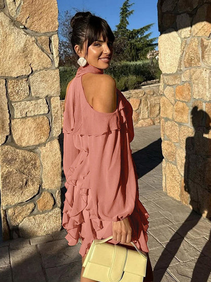 High Neck Cold Shoulder Ruffle Layered Lantern Sleeve Mini Dress For Women 2026