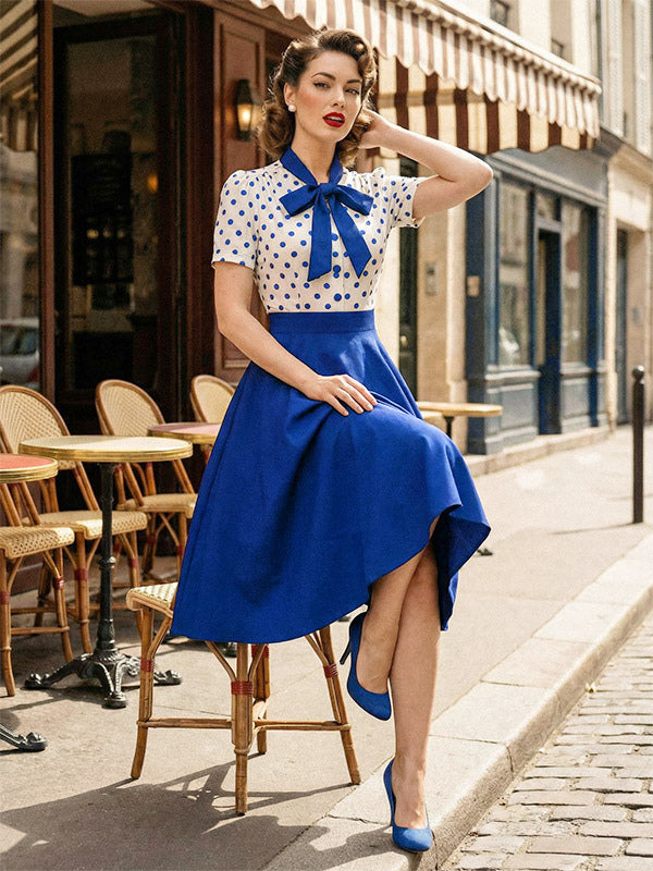 Polka Dot Patchwork Bow Tie Neck Short Sleeve Retro Swing Dress For Women 2026