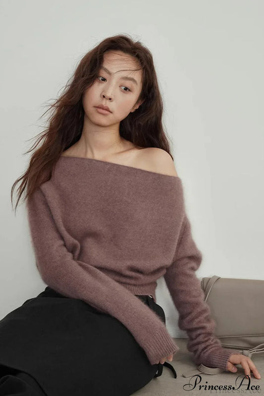 Raccoon Fur Off-Shoulder Cropped Slouchy Knit Top