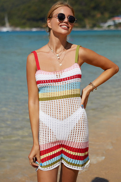 Horizontal Stripe Open Knit Crochet Scoop Neck Tank Beach Mini Dress