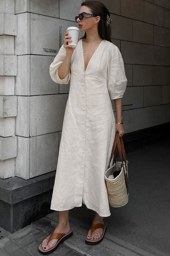 Linen Blend Deep V-Neck Puff Sleeve Button Front Midi Dress