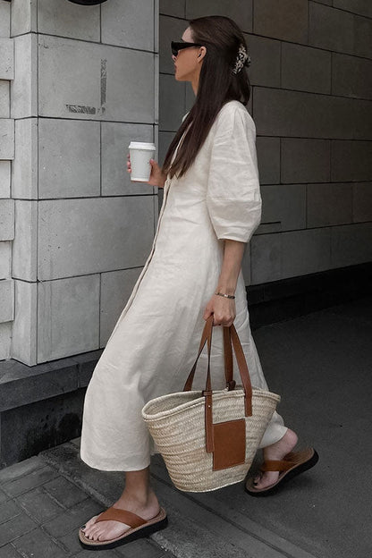 Linen Blend Deep V-Neck Puff Sleeve Button Front Midi Dress