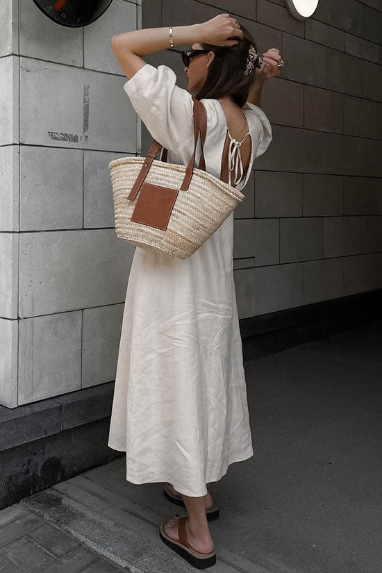 Linen Blend Deep V-Neck Puff Sleeve Button Front Midi Dress