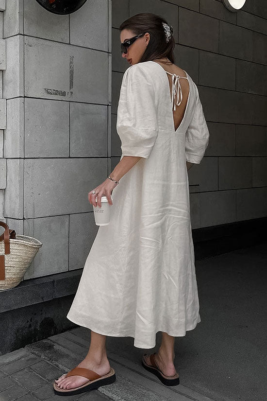 Linen Blend Deep V-Neck Puff Sleeve Button Front Midi Dress
