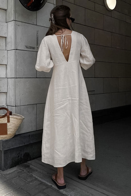 Linen Blend Deep V-Neck Puff Sleeve Button Front Midi Dress