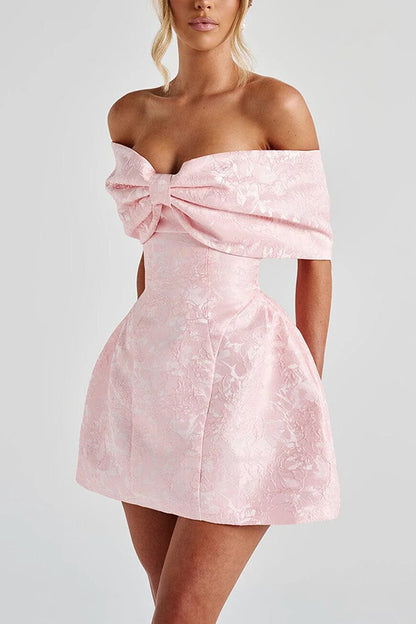 Raquel Floral Jacquard Oversized Off The Shoulder Bow Detail Mini Dress