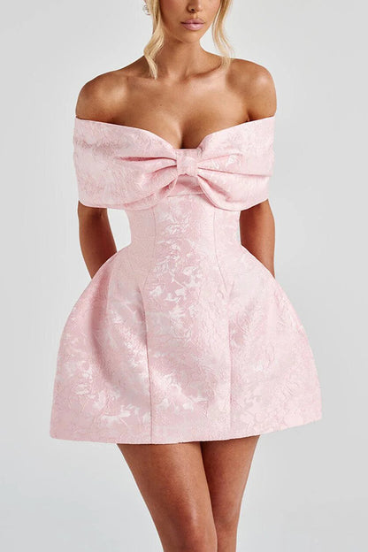 Raquel Floral Jacquard Oversized Off The Shoulder Bow Detail Mini Dress