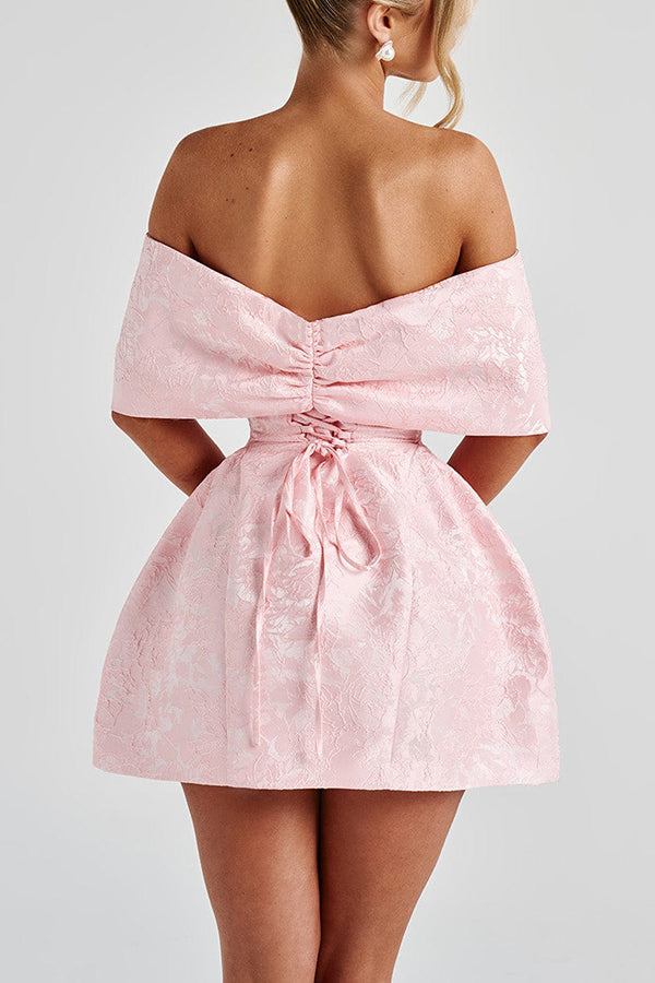 Raquel Floral Jacquard Oversized Off The Shoulder Bow Detail Mini Dress