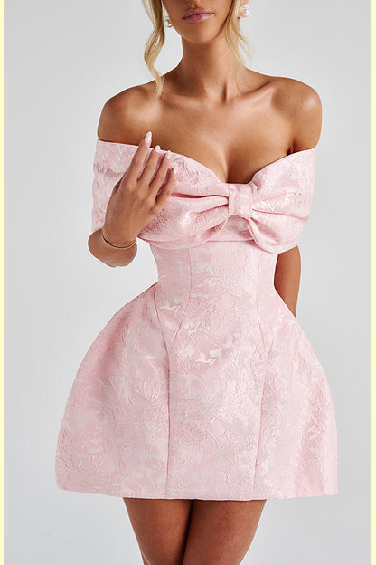Raquel Floral Jacquard Oversized Off The Shoulder Bow Detail Mini Dress