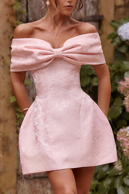 Raquel Floral Jacquard Oversized Off The Shoulder Bow Detail Mini Dress