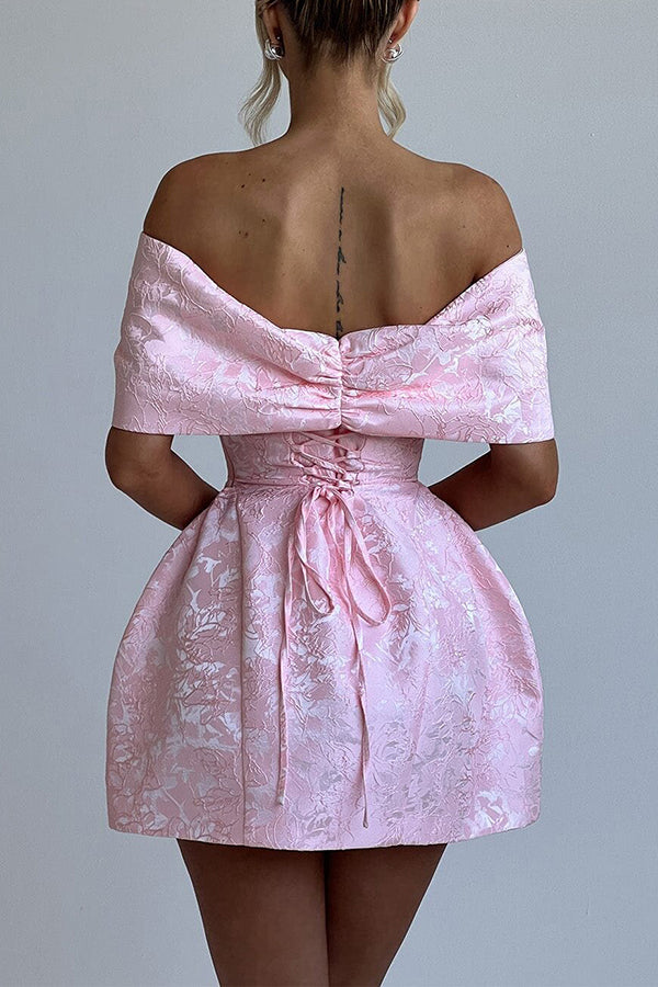 Raquel Floral Jacquard Oversized Off The Shoulder Bow Detail Mini Dress