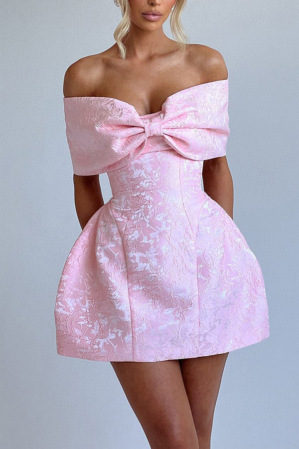 Raquel Floral Jacquard Oversized Off The Shoulder Bow Detail Mini Dress