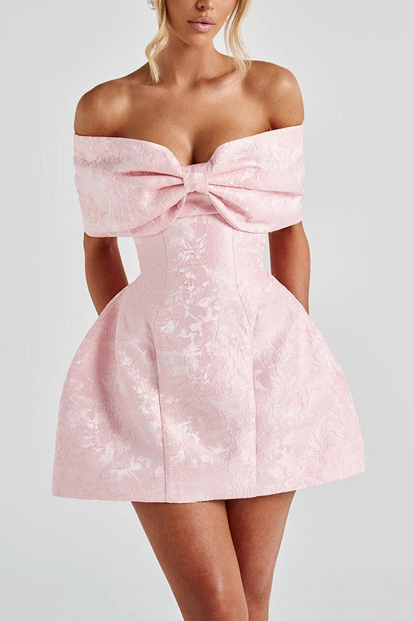 Raquel Floral Jacquard Oversized Off The Shoulder Bow Detail Mini Dress