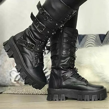 Rebellious Fastener Motorbike Mid-Calf Dark Boot