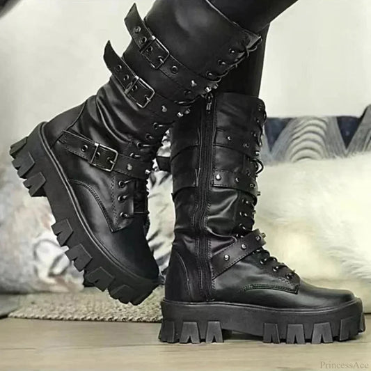 Rebellious Fastener Motorbike Mid-Calf Dark Boot