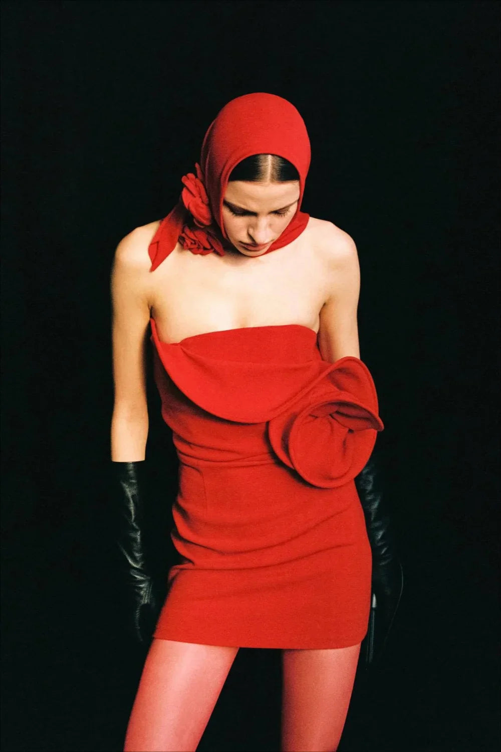 Red 3D Floral Strapless Fitted Party Dress