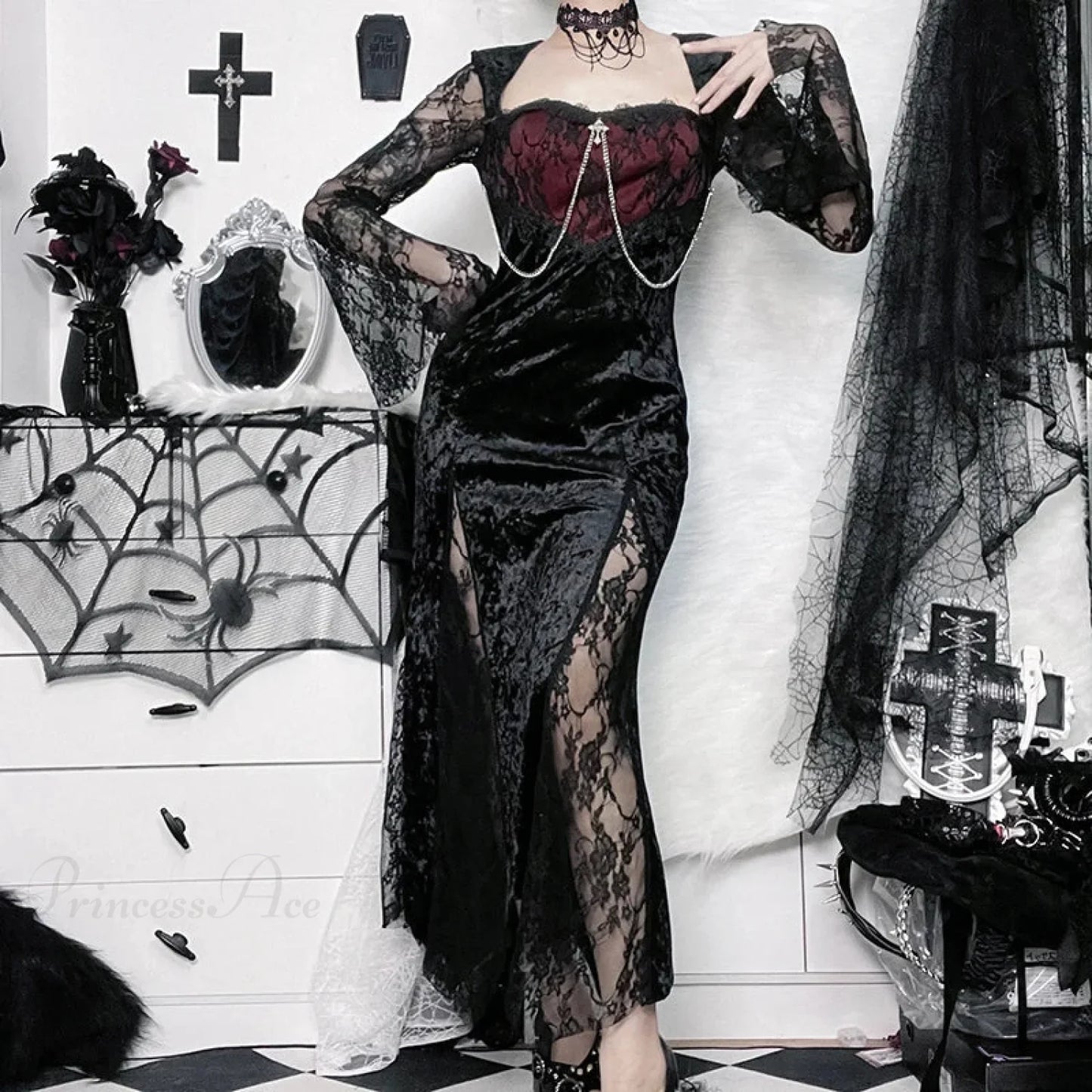 Red Lace Slim Slit Maxi Dress