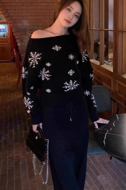 Red Snowflake Christmas Off Shoulder Pullover Sweater