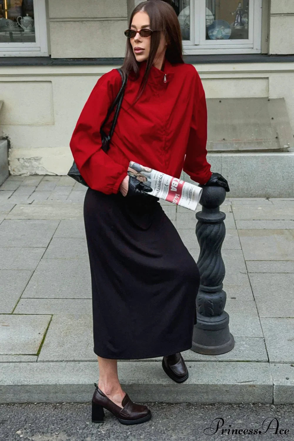 Red Stand Collar Zip Windproof Coat