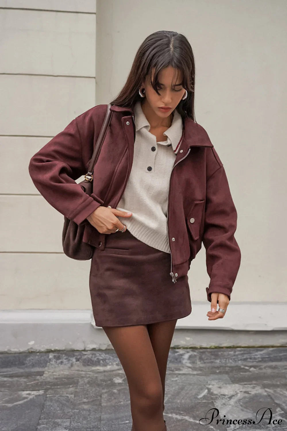 Reddish Brown Suede Collared Oversized Retro Coat