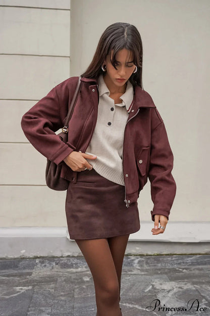 Reddish Brown Suede Collared Oversized Retro Coat