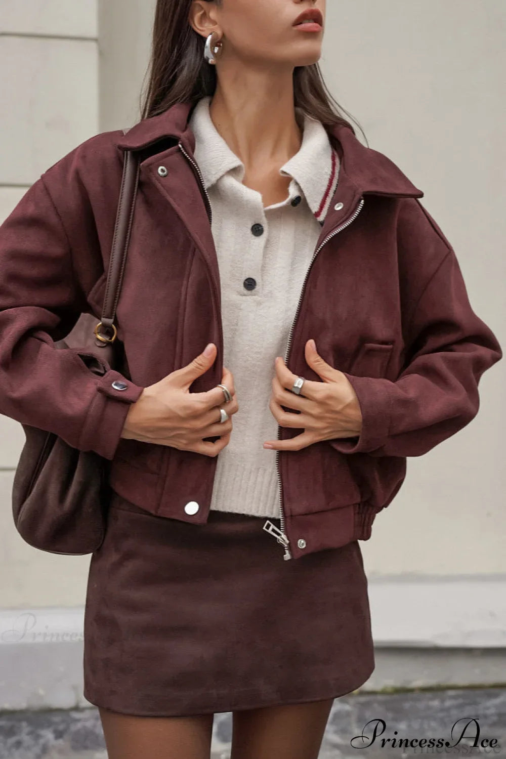 Reddish Brown Suede Collared Oversized Retro Coat