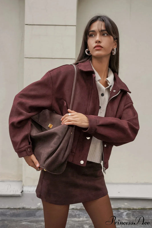 Reddish Brown Suede Collared Oversized Retro Coat