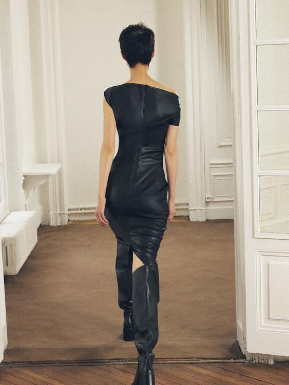 Asymmetric PU Leather Slit Midi Dress