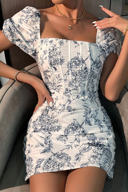 Toile Floral Print Square Neck Puff Sleeve Corset Seam Bodycon Mini Dress