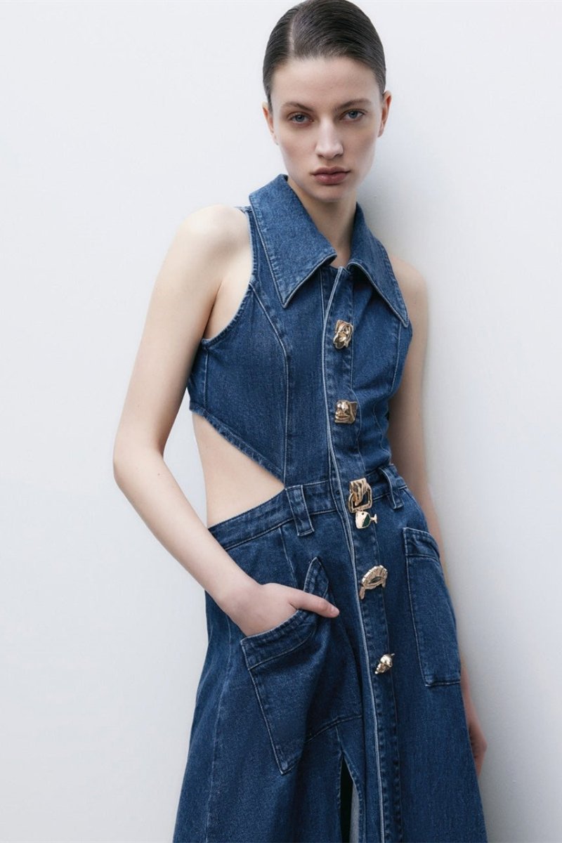 Denim Collar Side Cut Out Ornate Button Slit Midi Dress