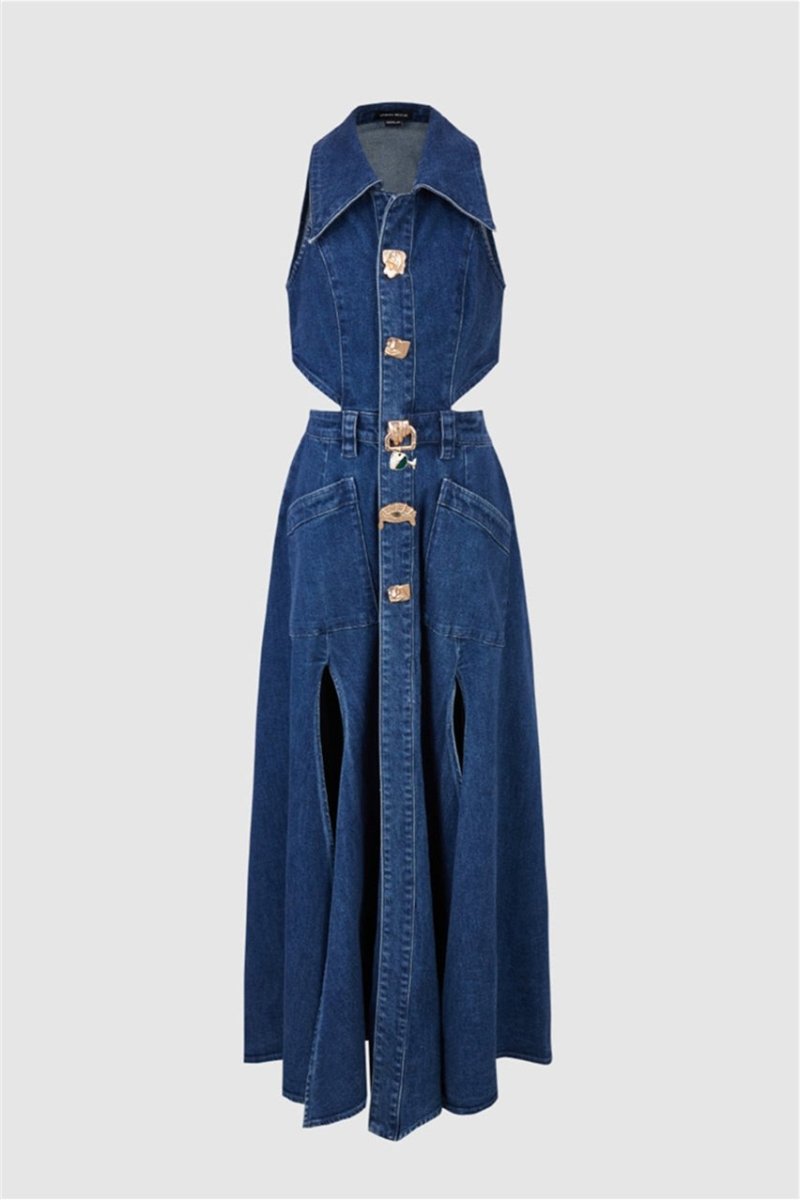Denim Collar Side Cut Out Ornate Button Slit Midi Dress