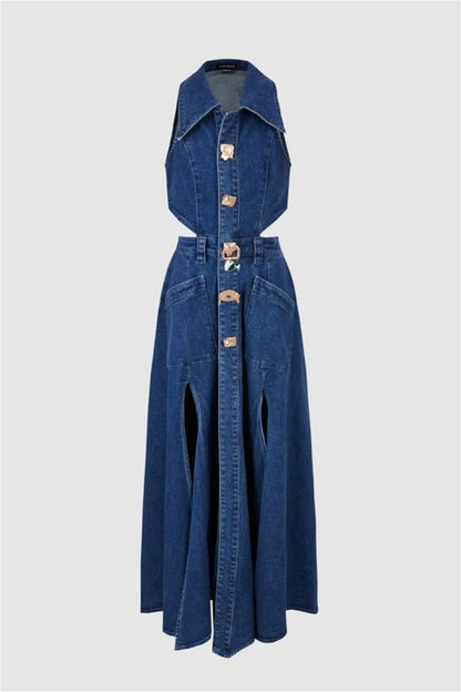 Denim Collar Side Cut Out Ornate Button Slit Midi Dress