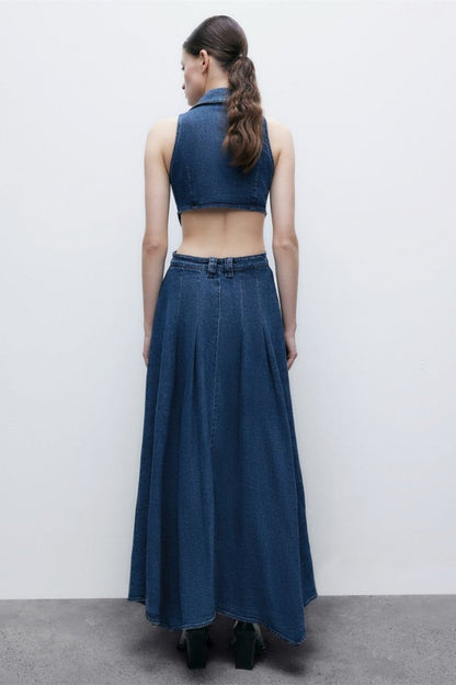 Denim Collar Side Cut Out Ornate Button Slit Midi Dress
