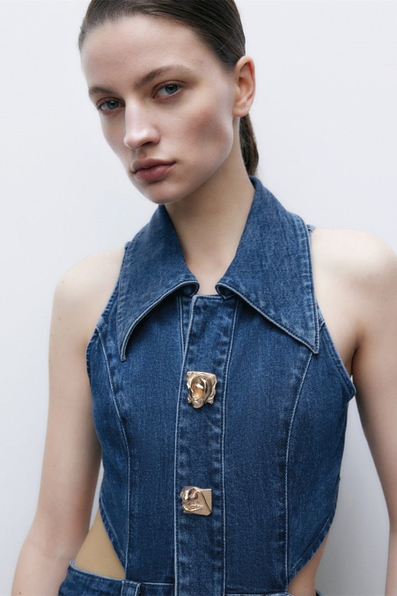Denim Collar Side Cut Out Ornate Button Slit Midi Dress