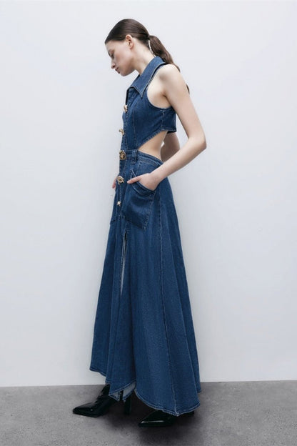 Denim Collar Side Cut Out Ornate Button Slit Midi Dress