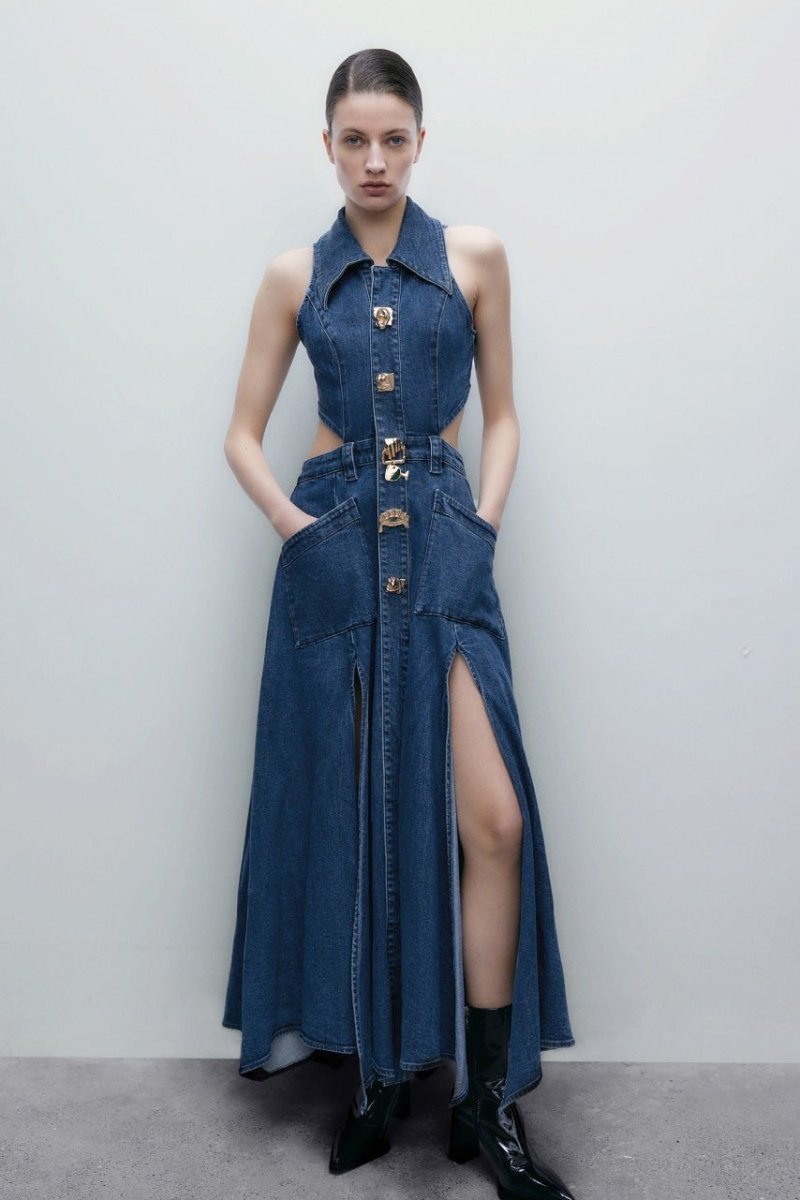 Denim Collar Side Cut Out Ornate Button Slit Midi Dress